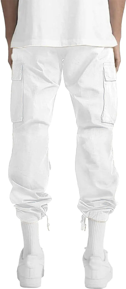 HUNGSON Mens Cargo Pants Casual Hiking Pants Joggers Athletic Pants Cotton Loose Straight Sweatpants for Men 28 White